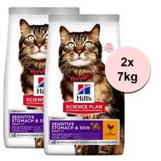 Hill's Science Plan Sensitive Stomach & Skin pre dospelé mačky s kuracím 2 x 7 kg