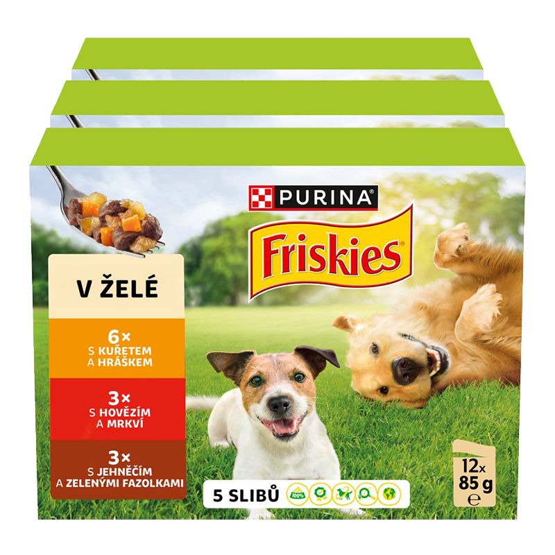 Friskies Adult kapsičky pre psov hovädzie, kura, jahňacie v želé 3x(12x85 g)