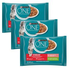 PURINA ONE STERILCAT s morkou a zelenými fazuľkami v šťave, s lososom a mrkvou v šťave, 12 x 85 g