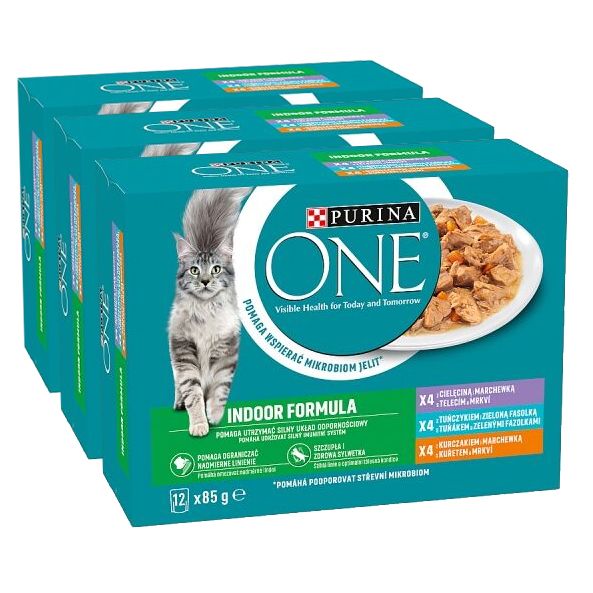 Purina ONE Indoor kapsičky pre mačky kura, tuniak, teľacie v šťave 36x85 g