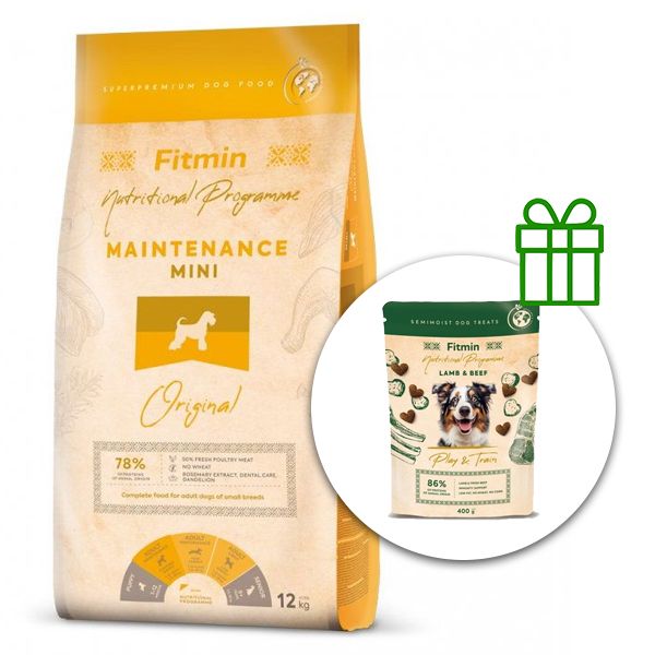 Fitmin MINI Maintenance 12 kg + Fitmin Play&Train Lamb & Beef ZADARMO