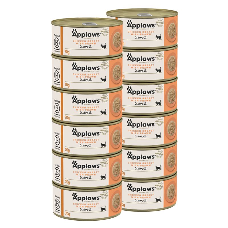 Applaws Konzerva pre mačky s kuracími prsiami a krevetami vo vývare 12 x 70 g