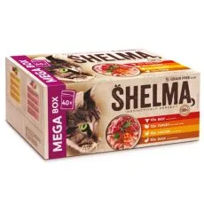 Shelma Cat Kapsička 4 druhy m&auml;sa v om&aacute;čke MEGA BOX 40 x 85 g
