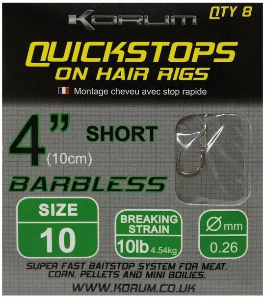 Korum Quickstop Hair Rig Barbless 10cm/0.26mm hook size 10