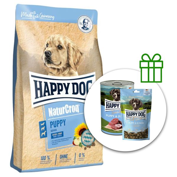 Happy Dog NaturCroq Puppy 15 kg + 6x konzerva Puppy & Junior + 10x Snack ZADARMO