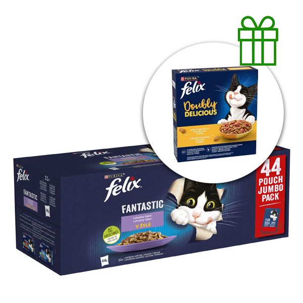 Felix Fantastic kapsičky pre mačky hovädzie, kura, losos, tuniak v želé 44x85g + granule ZADARMO