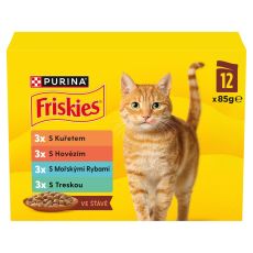 Friskies kapsičky pre mačky hov&auml;dzie, kura, morsk&eacute; ryby, treska v &scaron;ťave 12 x 85 g