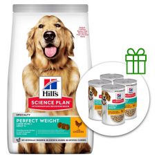 Hill's Science Plan Perfect Weight pre veľké dospelé psy s kuracím 12 kg + 4 konzervy ZADARMO
